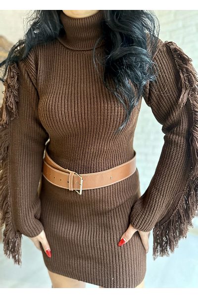 moneta boutique Дамска плетена рокля с ръкав с пискюли