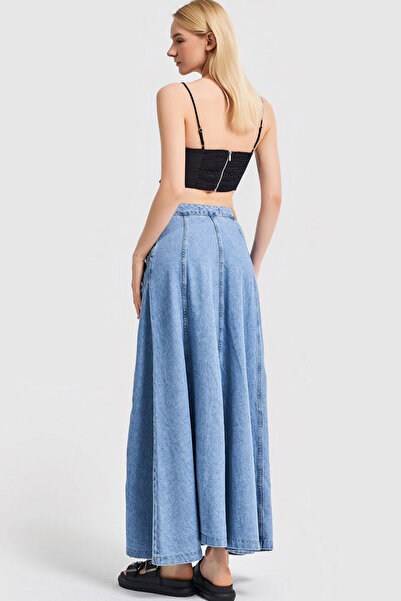 Ottawe Maksi Boy Yandan Fermuarlı Regular Fit A-Form Yıkamalı Likrasız Cepli Uzun Denim Jean Etek