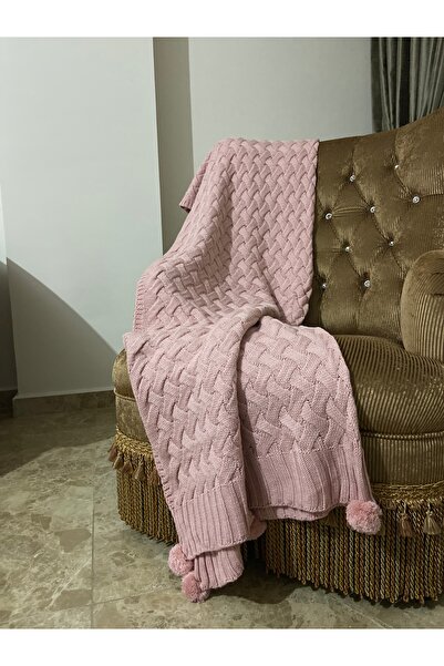 YGT Home Lavanta Sarma 10 Ponpon Triko Örgülü Tv Battaniyesi Pudra | Koltuk Örtüsü - Bacak Şalı