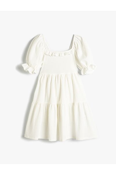 Koton Square Neck Ruffle Detailed Short Balloon Sleeve Dress