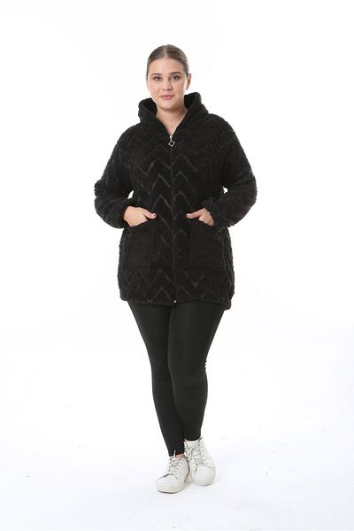 BİrHoşButik Stretchy Lycra Plus Size Women's Clothing - Winter Fleece Cardigan with Soft Pocket, Hooded Zipper