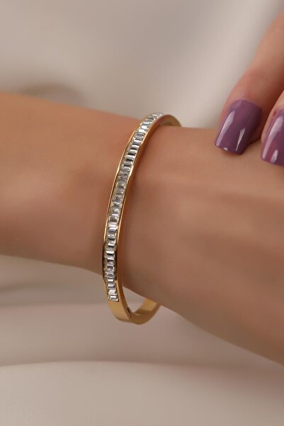 mossomia Altın Kaplama Zirkon Taşlı Su Yolu Çelik Kelepçe Bilezik