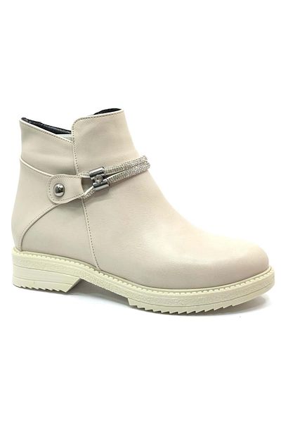 Kids Club Shoes Μπεζ Γυναικείες Μπότες - Πέτρινη Λεπτομερής, Επίπεδη Αντιολισθητική Σόλα MEHTAP