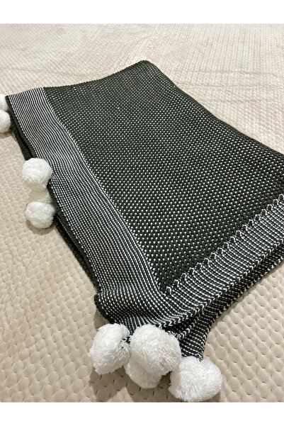 YGT Home Menekşe Triko Örgülü Tv Battaniyesi 10 Ponpon Haki | 130x170 Bacak Şalı-koltuk Şalı Ve Dekoru