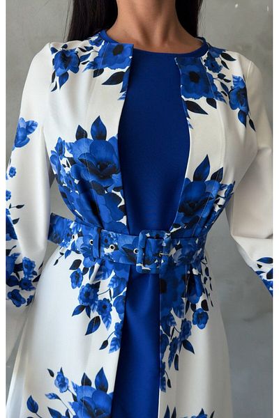 WellWay Rochie albastră cu imprimeu floral din țesătură Babel importată (INCLUSIV CUREA)