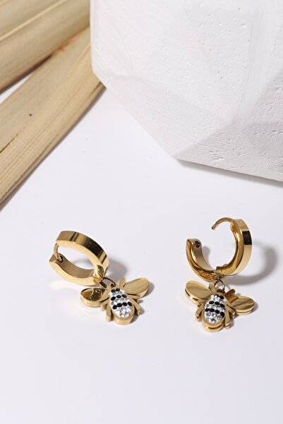 mossomia Altın Kaplama Arı Detaylı Taşlı Çelik Halka Küpe