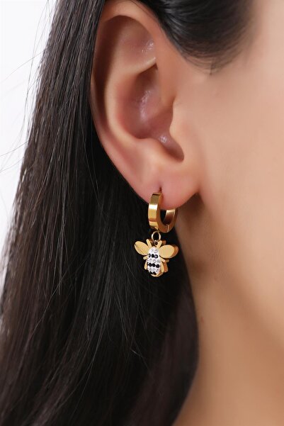 mossomia Altın Kaplama Arı Detaylı Taşlı Çelik Halka Küpe