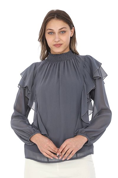 lodmela Dark Gray Chiffon Blouse - Shoulder Ruffle, Elastic, 6001 Model