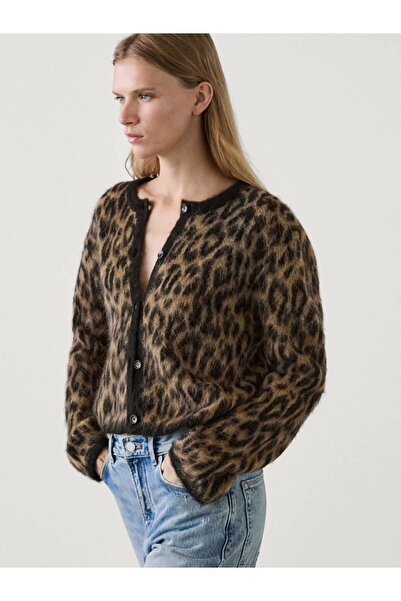 motina Brown Leopard Patterned Crew Neck Wool Cardigan - Women