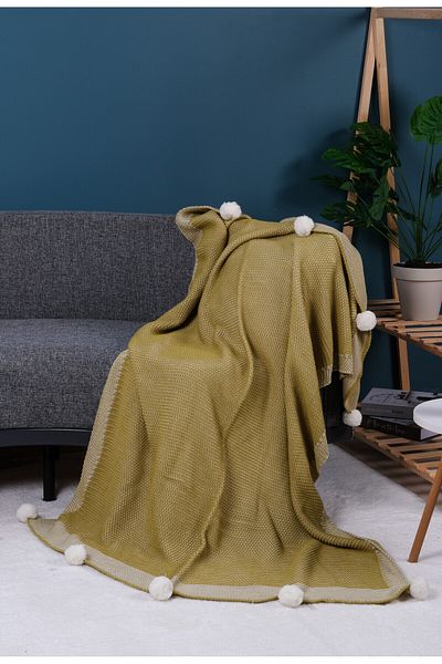 YGT Home Oil-Colored Violet Knitwear Tv Blanket - 10 Pompons, 130X170 Leg Shawl, Sofa Shawl and Decor