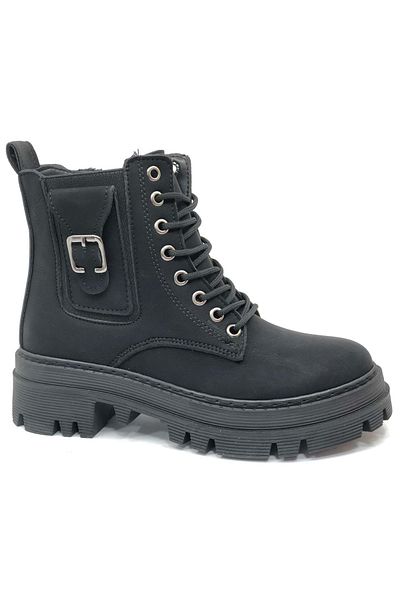 Kids Club Shoes Γυναικείες Κοντές Μπότες με Διακοσμητική Πόρπη Λεπτομερή Αντιολισθητική Σόλα - ΜΑΥΡΟ
