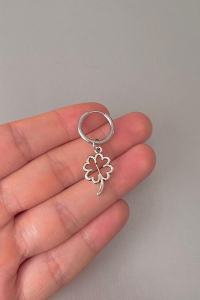 Jaida Moda Unisex Silver Clover Figured Dangle Steel Hoop Earrings