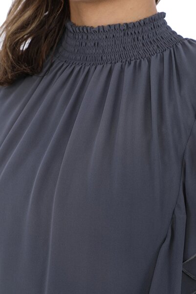 lodmela Dark Gray Chiffon Blouse - Shoulder Ruffle, Elastic, 6001 Model