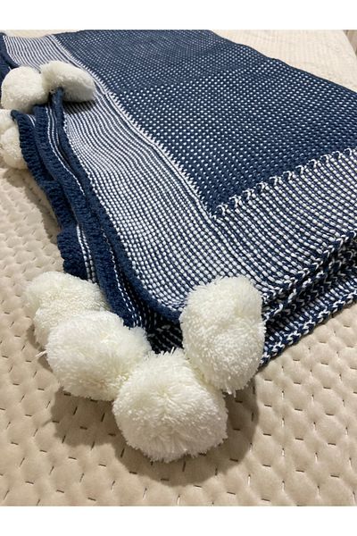 YGT Home 10 Pompom Indigo Violet Knitwear Tv Blanket - 130X170 Leg Shawl and Sofa Shawl