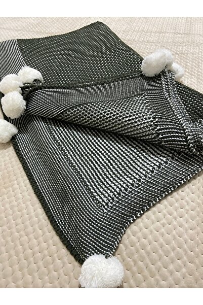 YGT Home Menekşe Triko Örgülü Tv Battaniyesi 10 Ponpon Haki | 130x170 Bacak Şalı-koltuk Şalı Ve Dekoru