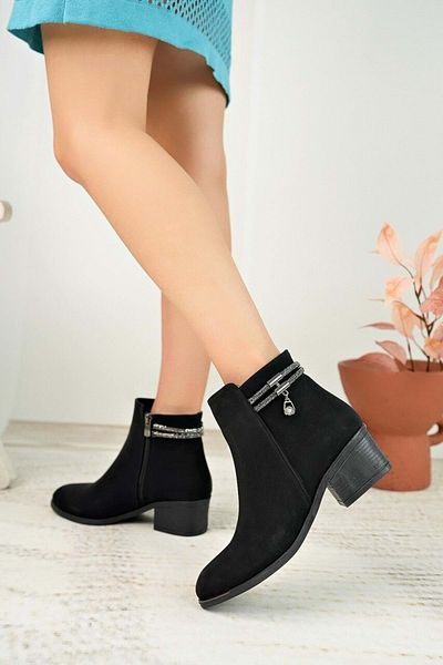 KCMN Mehtap Fancy Classic Γυναικείες Μπότες με Πέτρα Λεπτομέρεια στην πλάτη ΜΑΥΡΟ