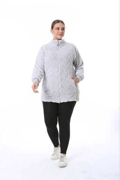 BİrHoşButik Stretchy Lycra Plus Size Women's Clothing - Winter Fleece Cardigan with Soft Pocket, Hooded Zipper