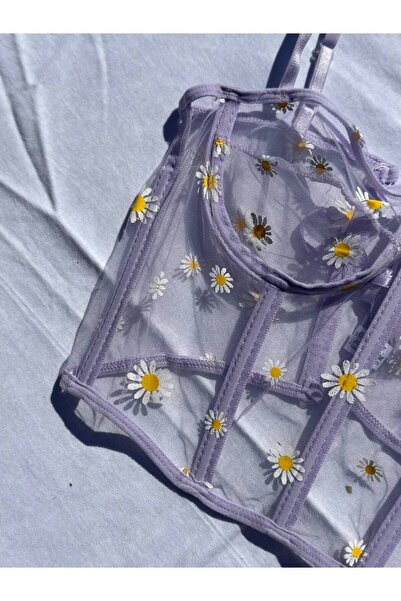 LRS Mor Çiçek Desenli Balenli Tül Büstiyer