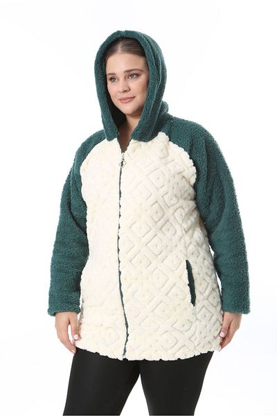 BİrHoşButik Stretchy Lycra Plus Size Women's Clothing - Winter Fleece Cardigan with Soft Pocket, Hooded Zipper