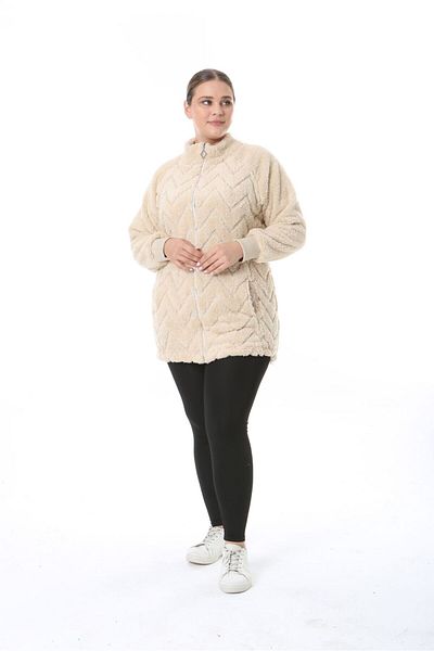 BİrHoşButik Stretchy Lycra Plus Size Women's Clothing - Winter Fleece Cardigan with Soft Pocket, Hooded Zipper