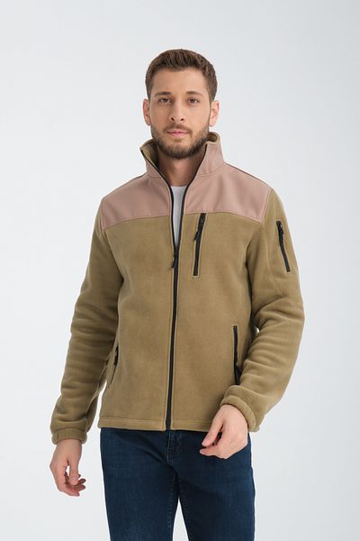 Store Men's Beige Full Zipper Antipilling Non Pilling Softshell Garnished Fleece Jacket