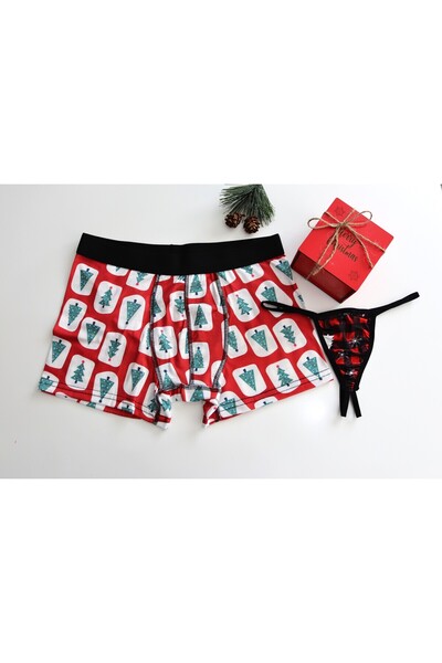 succy Yılbaşı Temalı Özel Kutuda 2'li Konsept Kadın Tanga - Erkek Boxer