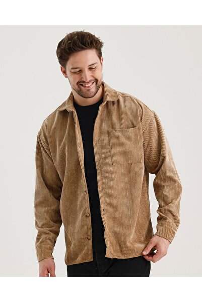 A&O Style Мъжка светлокафява кадифена риза с голям джоб