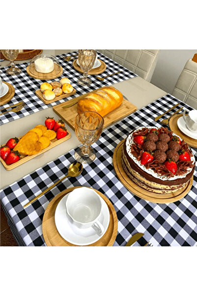 EVYA Gingham Duck Linen Runner - 40X110 Cm, American Service, Stain Resistant, Black Color