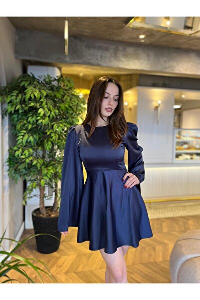 Sheeny Lina Uzun Kol Kısa Kloş Etek Mini Lacivert Saten Elbise