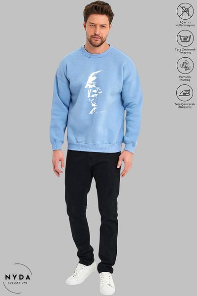 Nyda Collections Hanorac supradimensionat unisex cu mânecă lungă Ataturk Silhouette imprimat cu gâtul turn fără glugă