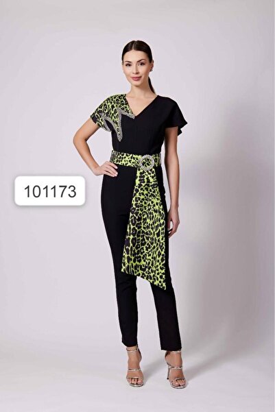 Robes V Yaka Leopar Garnili Düşük Kol Şık Tulum