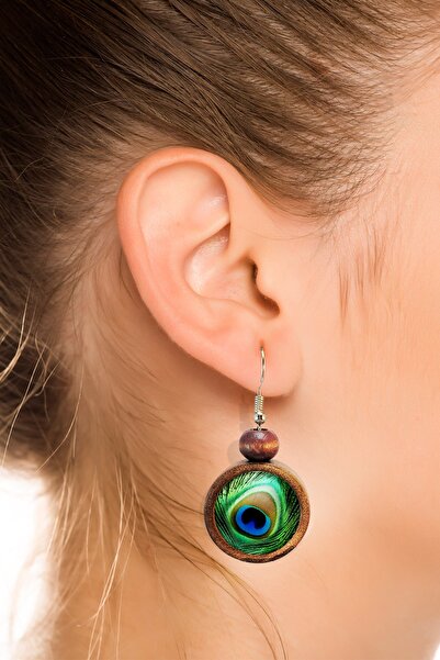 Tahtakolik أقراط خشبية من ريش الطاووس