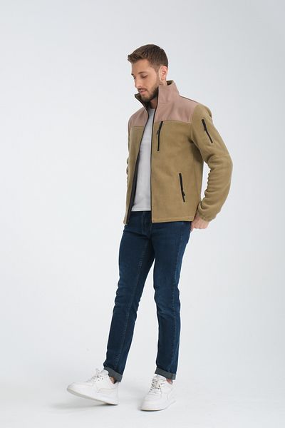 Store Men's Beige Full Zipper Antipilling Non Pilling Softshell Garnished Fleece Jacket