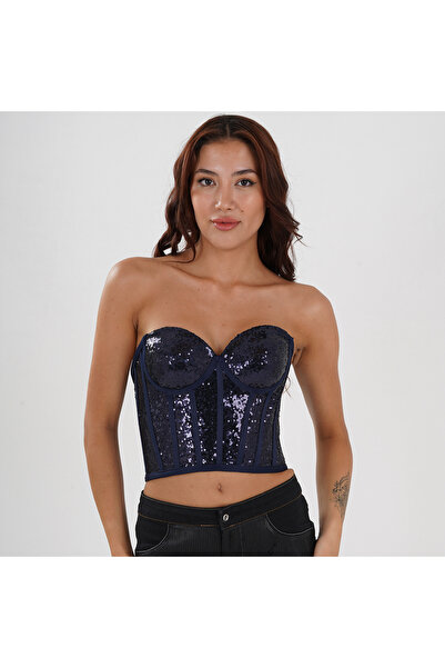 Metay Design Lacivert Korse Büstiyer Pul Payetli Model