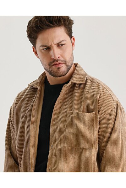 A&O Style Мъжка светлокафява кадифена риза с голям джоб