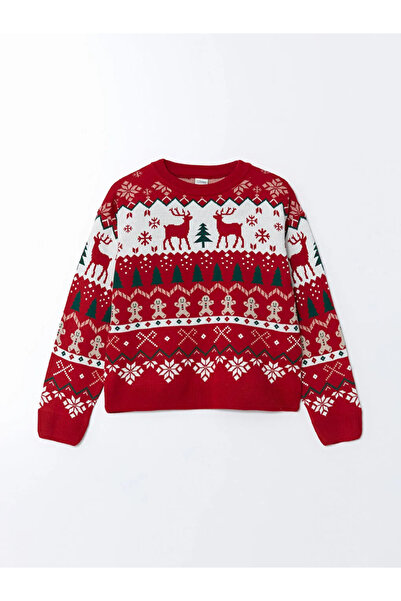 LC Waikiki LCW Kids Kırmızı Jakarlı Bisiklet Yaka Yılbaşı Temalı Kız Çocuk Triko Kazak