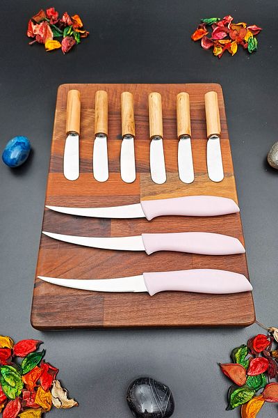 SWENCRAFT 9 Pieces Set 6 Pcs Bamboo Handle Butter, Jam, Chocolate Knife 3 Pcs Serrated Kitchen Knife