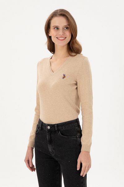 U.S. Polo Assn. Pulover de damă Sand Melange Basic cu decolteu în V 50288983 -vr123