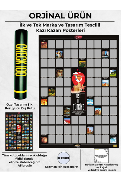 Check100 Best Of Türkiye Kazı Kazan Posteri, Kazınabilir Türkiye'de Gezilecek 100 Yer