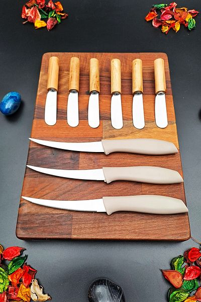 SWENCRAFT 9 Pieces Set 6 Pcs Bamboo Handle Butter, Jam, Chocolate Knife 3 Pcs Serrated Kitchen Knife