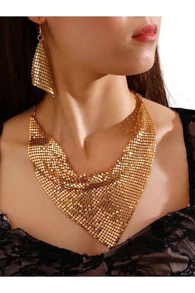 PETEK AKSESUAR Shal Model Armor Metal Design Necklace Earring Set