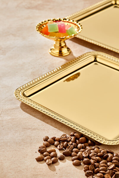 Turkco Ottoman Gold Serisi Gold Sunum Tepsisi, Söz Nişan Tepsisi,  24cm, Avangart Dizayn, 6 Adet