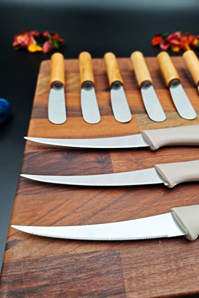 SWENCRAFT 9 Pieces Set 6 Pcs Bamboo Handle Butter, Jam, Chocolate Knife 3 Pcs Serrated Kitchen Knife