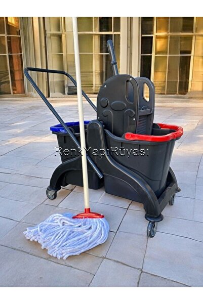 RENK YAPI RÜYASI ENDÜSTRİYEL ÇİFT KOVALI KAT ARABASI GENİŞ MOP PASPAS GÜRGEN AHŞAP SAP TEMİZLİK SETİ