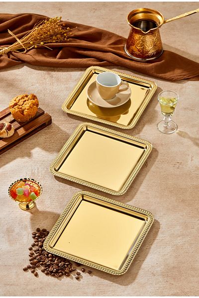Milenay Ottoman Gold Series - 24cm Avant-Garde Design Presentation and Promise Engagement Tray, 3 Pieces