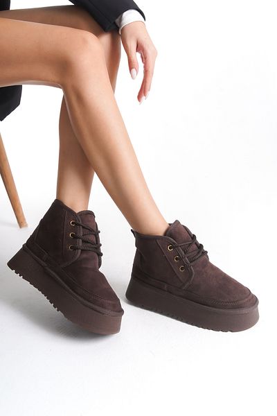 SEEM & BE Lily Brown Suede Γούνινο Εσωτερικό Δαντέλα Λεπτομερείς μισές γυναικείες μπότες