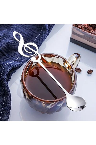 bundle island تصميم ملاحظات موسيقية مكون من 6 قطع من الفولاذ المقاوم للصدأ - ملعقة شاي وقهوة على شكل مفتاح يسار