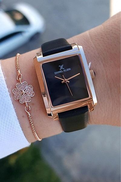 Daniel Klein Black Leather Strap Rose Gold Rectangular Case Women's Wrist Watch with Rhinestone Bracelet Gift