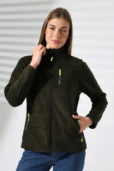TİJA Khaki Fleece Cardigan - Anti Pilling Anti Pilling Jacket with Zipper and Pockets