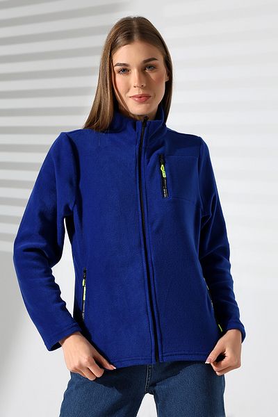 TİJA Saks Blue Women's Fleece Cardigan and Jacket - Zipper and Pocket, Anti Pilling